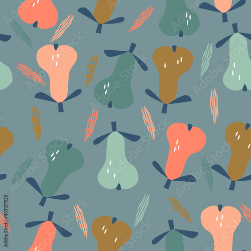 Seamless pattern with colorful pear on dark grey background. Fruit background. Vector print for fabric and wallpaper. photo