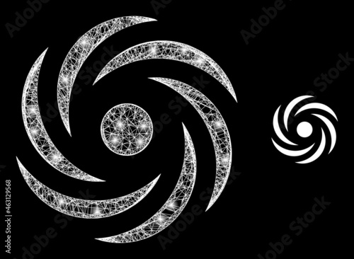 Glossy mesh vector cyclone rotation with glare effect. White mesh, glare spots on a black background with cyclone rotation icon. Mesh and glare elements are placed on different layers.