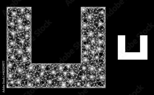 Bright mesh vector empty box with glare effect. White mesh, glare spots on a black background with empty box icon. Mesh and glowing elements are placed on different layers.