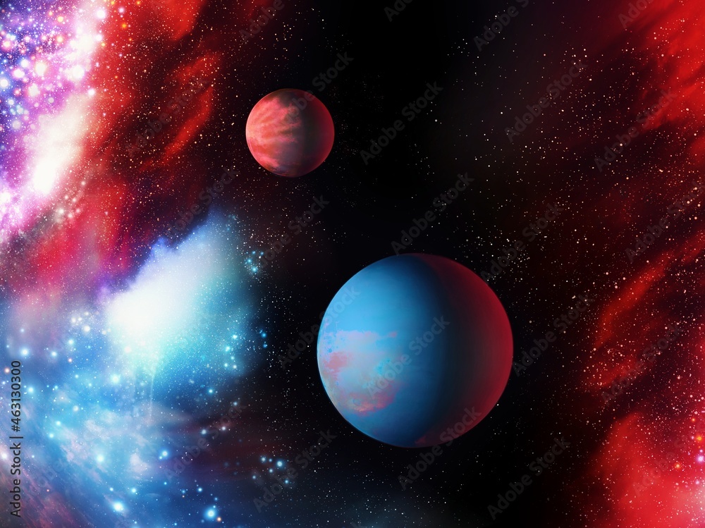 Planets in deep space. Beauty of the universe. Colorful cosmos with stars and nebulae 3d illustration.