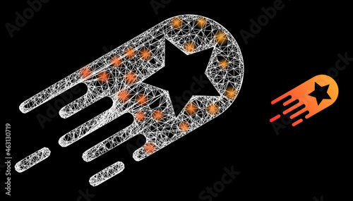 Bright mesh vector star bolide with glare effect. White mesh, bright spots on a black background with star bolide icon. Mesh and glare elements are placed on different layers.