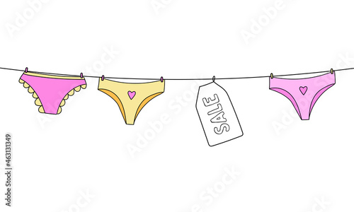 Sale and discount. Set with female underwear hanging on a clothesline. Hand-drawn style on white