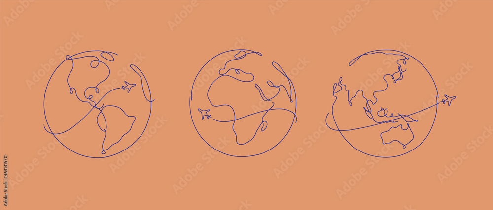 Hand drawing globe plane traveling in pen line style on salmon color background