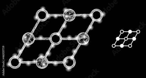 Bright mesh vector inclined grid with glare effect. White mesh, bright spots on a black background with inclined grid icon. Mesh and glare elements are placed on different layers.