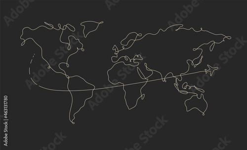 World map pen line plane travel drawing on black background