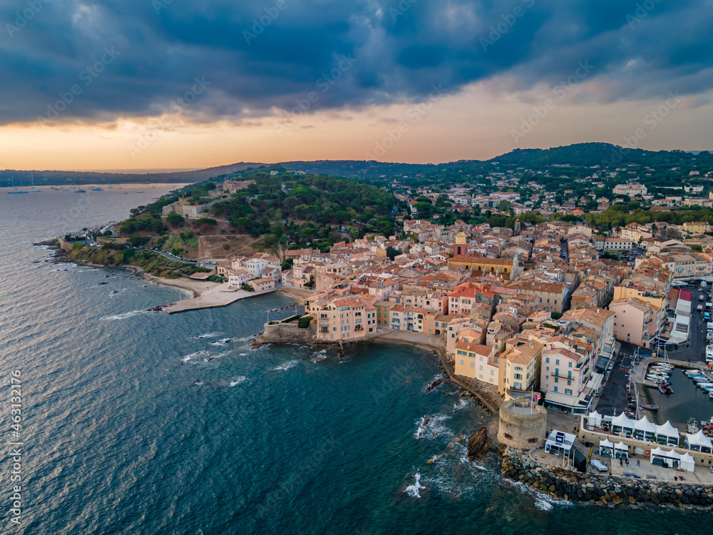 Sunrise over Saint-Tropez village and its citadelle in French Riviera (South of France)