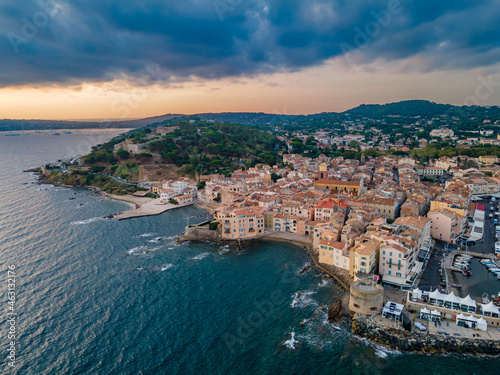 Sunrise over Saint-Tropez village and its citadelle in French Riviera (South of France)