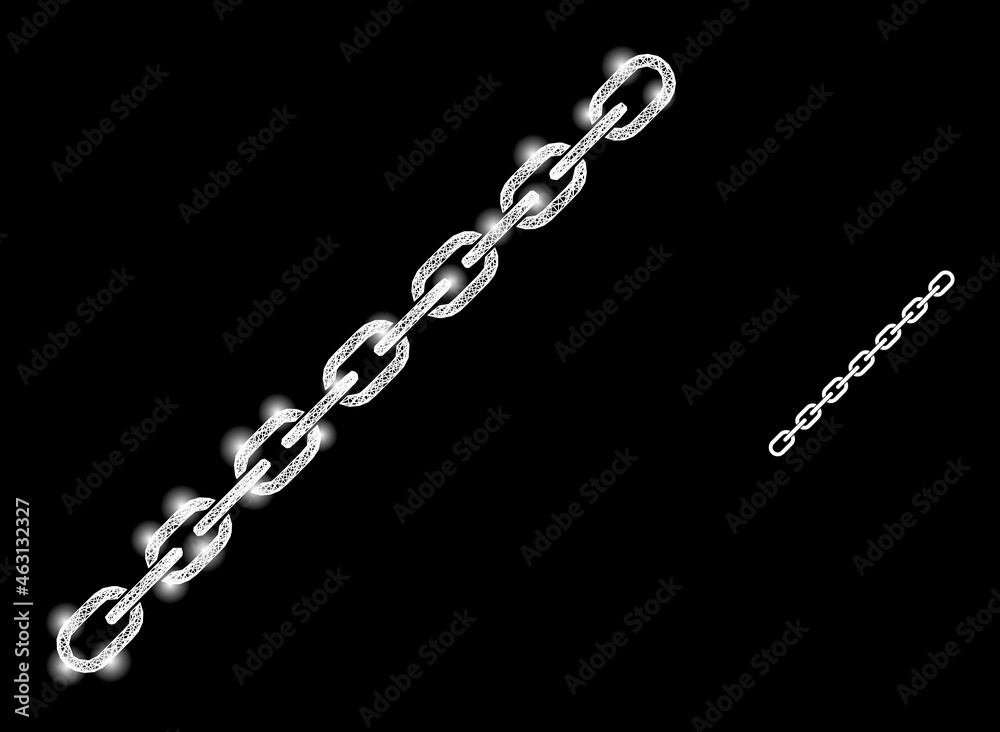 Bright mesh vector chain with glare effect. White mesh, light spots on a black background with chain icon. Mesh and lightspot elements are placed on different layers. Bright mesh vector chain with glare effect. White mesh, light spots on a black background with chain icon. Mesh and lightspot elements are placed on different layers.
