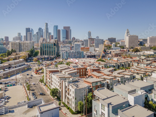 Los Angeles, California, USA – October 12, 2021: Top Drone Aerial View with Little Tokyo Real Estate Los Angeles LA  © HunYoung