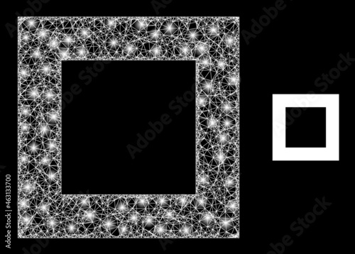 Glossy mesh vector empty square with glare effect. White mesh, light spots on a black background with empty square icon. Mesh and glare elements are placed on different layers.