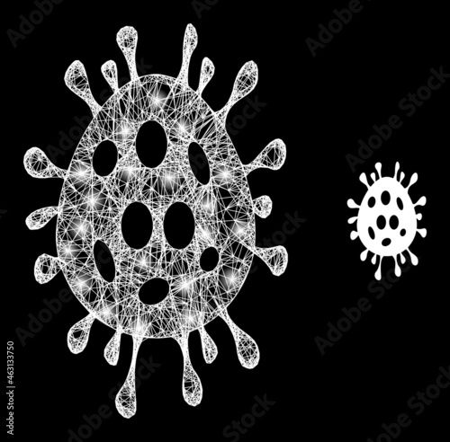 Glossy mesh vector virus egg with glare effect. White mesh, bright spots on a black background with virus egg icon. Mesh and glare elements are placed on different layers.