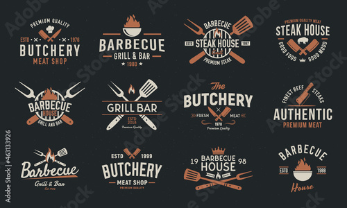 Vintage BBQ and Butchery logo templates and 13 design elements for restaurant business. Butchery, Barbecue and Restaurant emblems templates. Meat knives, fork, spatula icons. Vector illustration
