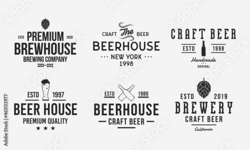 Set of 6 beer logo, emblems. Craft beer logo with brew hop, beer bottles. Vintage typography for beer house, brewery, bar and pub. Vector illustration