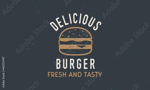 Burger vector logo template. Vintage burger logo with grunge texture. Trendy vintage design. Vector illustration
