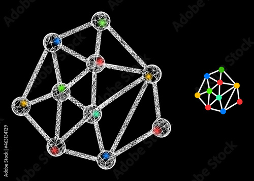 Bright mesh vector mesh links with glare effect. White mesh, bright spots on a black background with mesh links icon. Mesh and glowing elements are placed on different layers.