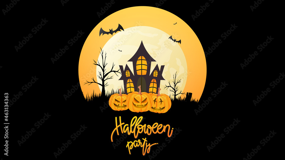 Happy Halloween handwritten calligraphy with Haunted Castle and Big Moon and bat at orange sky in Halloween , Flat Modern design , illustration Vector EPS 10
