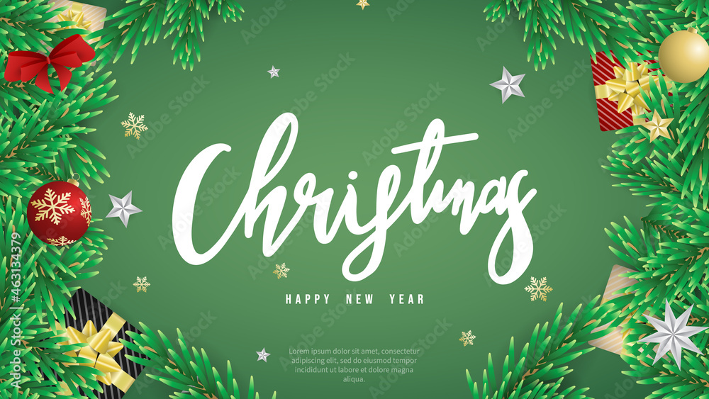 Christmas handwritten calligraphy and Happy New Year background with gift pin leaf and element in Christmas holiday , Flat Modern design , illustration Vector EPS 10 Christmas handwritten calligraphy and Happy New Year background with gift pin leaf and element in Christmas holiday , Flat Modern design , illustration Vector EPS 10