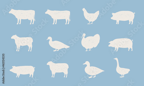 Farm Animals silhouettes set. Farm animals icons isolated on blue background. Cow, Hen, Pig, Sheep, Turkey. Vector illustration