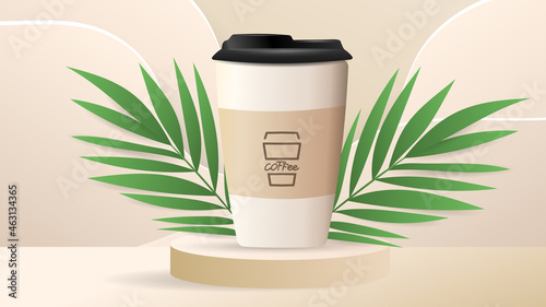 The coffee mug sits on the podium and leaves ,Vector illustration EPS 10