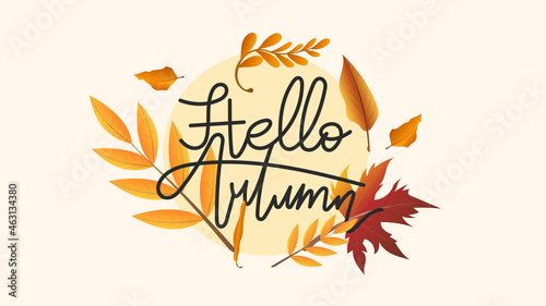 Hello autumn hand drawing calligraphy with flower wreath leaf Autumn, for content online or web, banner and template, Simple cartoon flat style. illustration Vector EPS 10