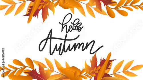 Hello autumn hand drawing calligraphy with flower wreath leaf Autumn, for content online or web, banner and template, Simple cartoon flat style. illustration Vector EPS 10