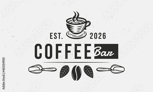 Coffee Bar vintage logo. Coffee logo, label, poster with coffee bean, cup, scoops. Modern design poster. Label, badge, poster for cafe. Vector illustration