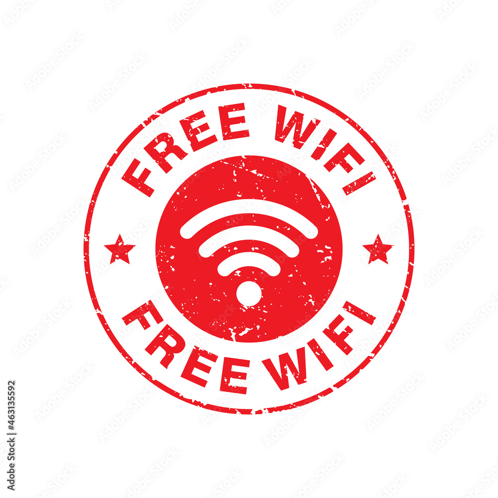 Abstract Red Grungy Free Wifi Rubber Stamp Sign Illustration Vector, Free Wifi Text Seal, Mark, Label Design Template