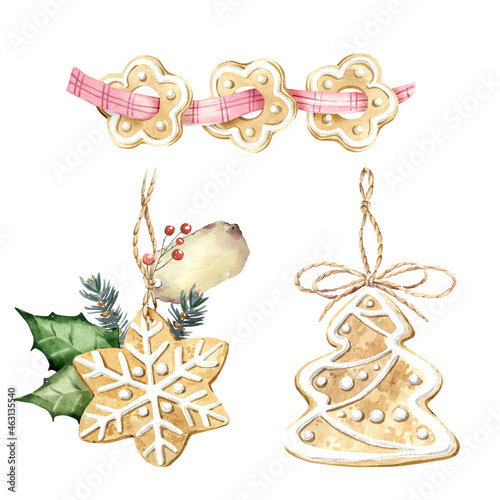 Hand-drawn watercolor clipart of holiday gingerbread. Ginger man  ginger star. Christmas and New Year sweets. Festive Christmas set of elements 