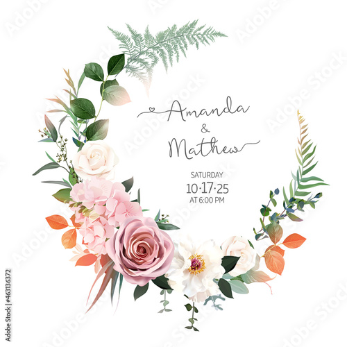 Blush pink roses, hydrangea, ivory peony vector design invitation frame © lavendertime