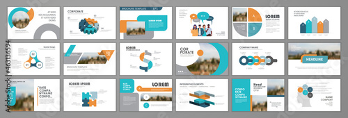 Business presentation infographic template set. Keynote presentation background, slide templates, website ideas, brochure cover design, landing page, annual report brochure. Vector Illustration