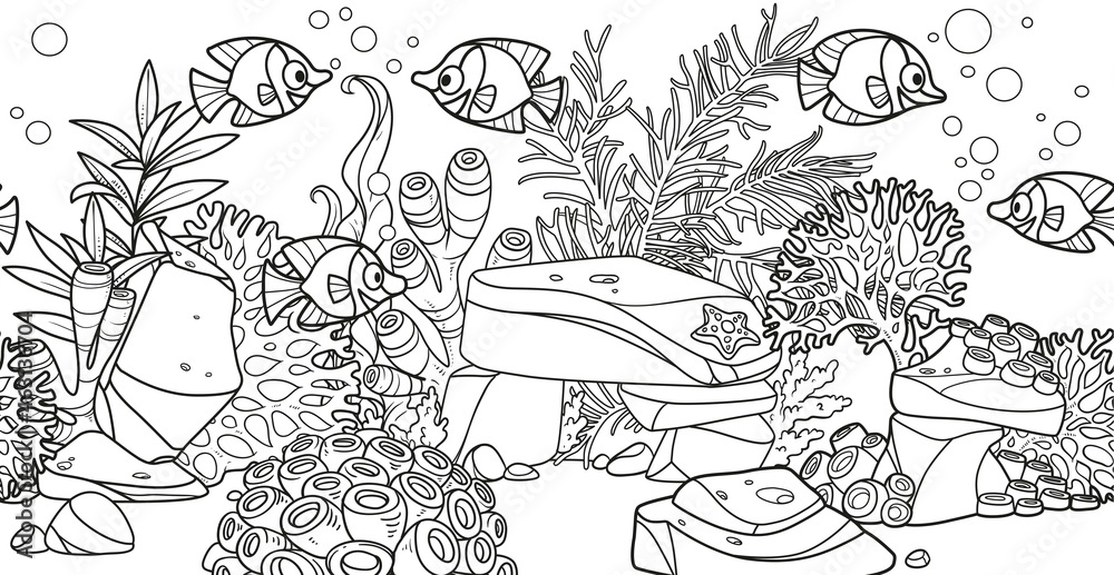 Horizontal seamless long background from seabed and its inhabitants anemones, fishes and coral on stones  linear drawing for coloring page