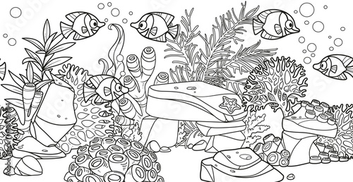 Horizontal seamless long background from seabed and its inhabitants anemones, fishes and coral on stones  linear drawing for coloring page