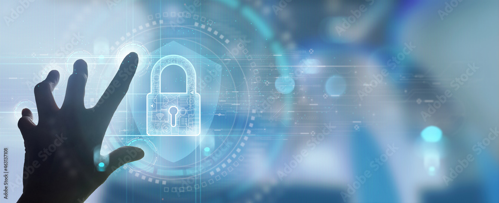 Cyber security and data protection. Businessman using modern computer protecting business and financial data with virtual network connection. Innovation technology develop smart solution.