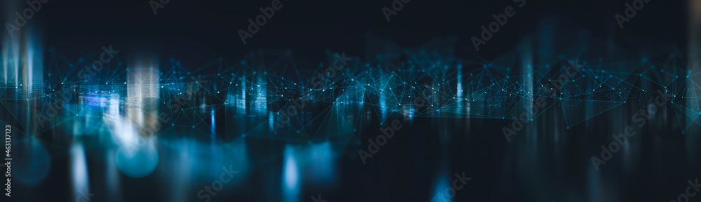 Wireless network and Connection technology concept with Abstract Bangkok city background in panorama view. - obrazy, fototapety, plakaty 