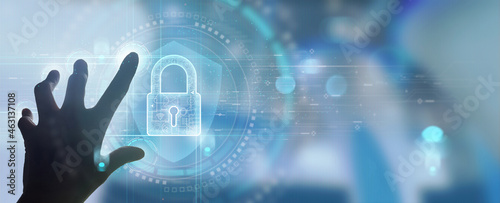 Obraz na płótnie Cyber security and data protection. Businessman using modern computer protecting business and financial data with virtual network connection. Innovation technology develop smart solution. w salonie
