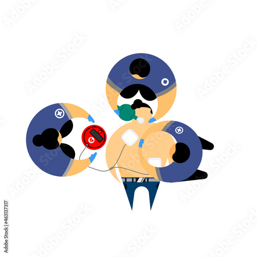 Cartoon character basic life support by threes provider. Unconscious patient resuscitations by threes provider. 