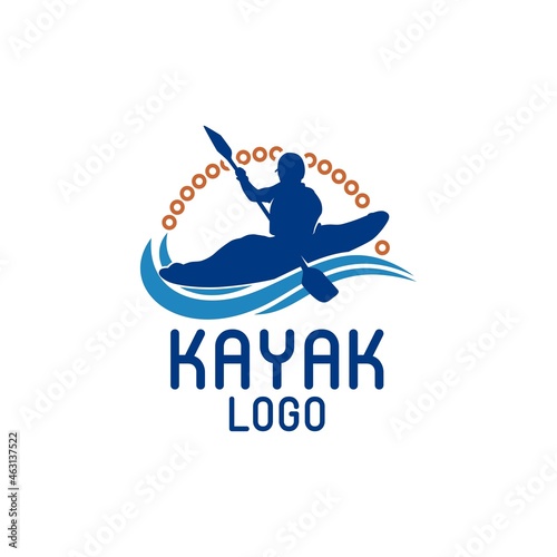 Kayak boat paddle pedal, silhouette of river stream kayaker logo design