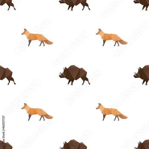 Fox and boar triangle shape seamless pattern backgrounds. Wrapping paper template. Polygonal design illustration.