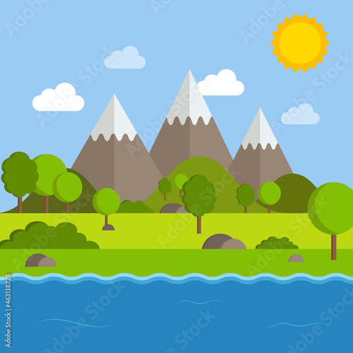 Sunny day landscape in flat style. Green hills, river, trees, mountains. Vector illustration.