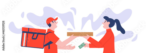 Happy fast food app delivery man holding pizza box with woman customer. Friendly young courier delivering meal to girl. Modern flat cartoon illustration on isolated background.
