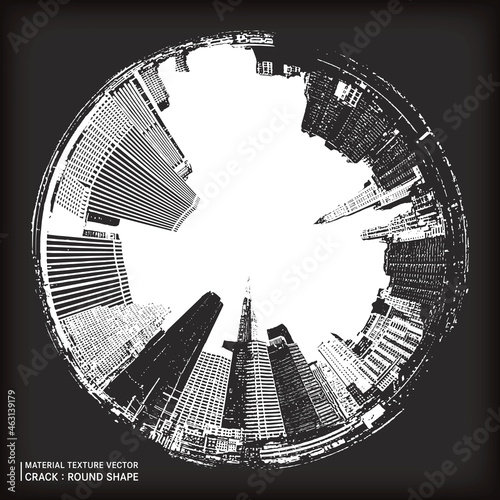 円形のグランジ街並みのモノクロイラスト/ Monochromatic vintage grunge city. Material texture vector. Crack. Round shape.