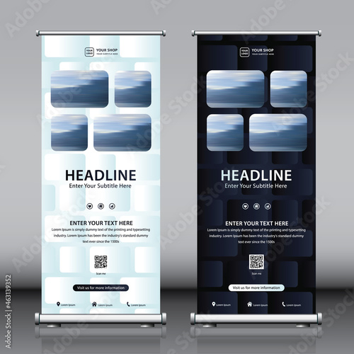 Roll up banner design with square shapes artwork, patterns and images. Editable vertical template vector set, modern standee and flag banner