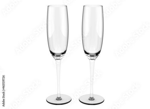 Toasting glasses. Two elegant champagne glasses. Pair of champagne glasses. Clink glasses. Toast cups. 3D illustration.