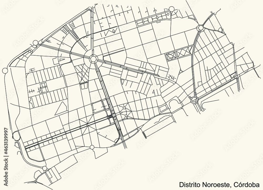 Detailed navigation urban street roads map on vintage beige background of the quarter Noroeste district of the Spanish regional capital city of Cordoba, Spain