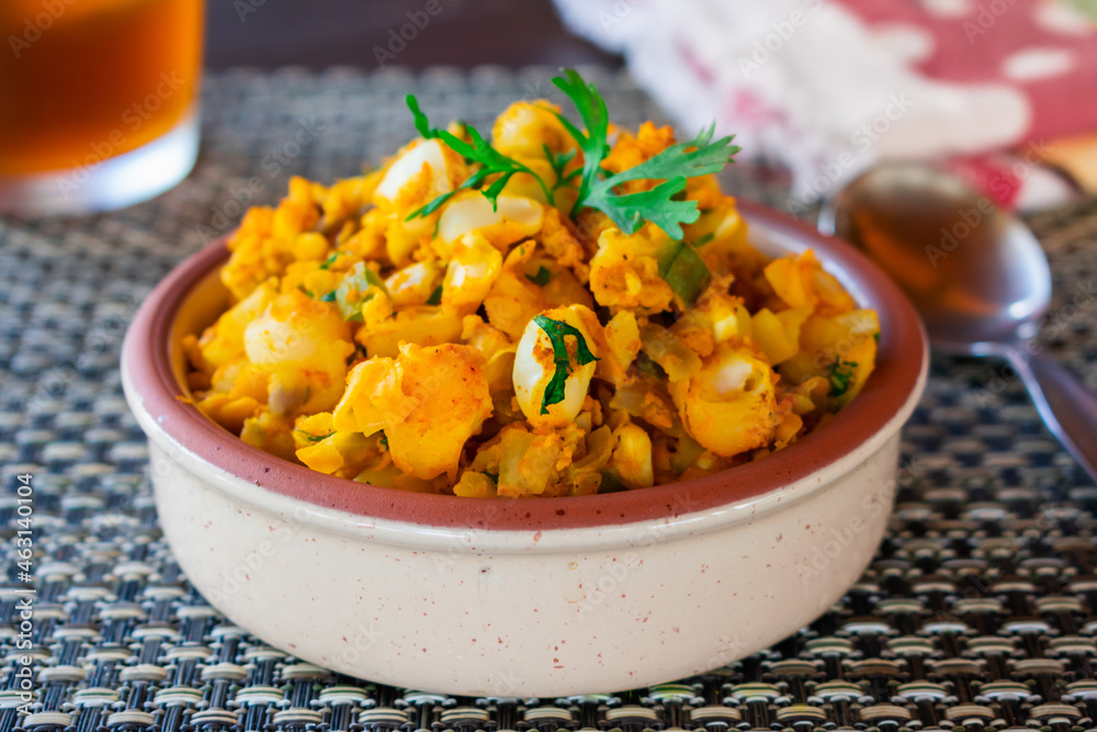 Typical ecuadorian dish "Mote Pillo" made with andean giant white corn