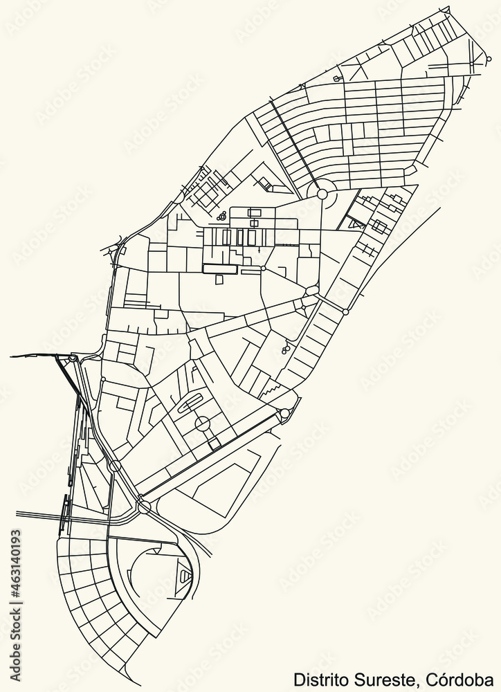 Detailed navigation urban street roads map on vintage beige background of the quarter Sureste district of the Spanish regional capital city of Cordoba, Spain