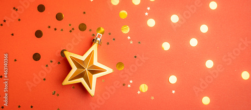 New Year  s layout on a red background with balloons . New Year and Christmas copy space. . Festive decoration.