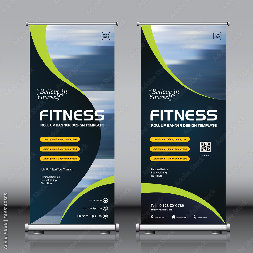 Template of vertical roll-up banner with sports and gym theme concept ...