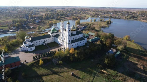 Gorodishchensky Holy Nativity of the Theotokos Monastery is an Orthodox male monastery in the name of the Nativity of the Virgin in the village of Gorodishche, Khmelnitsky region, Ukraine, aerial view photo