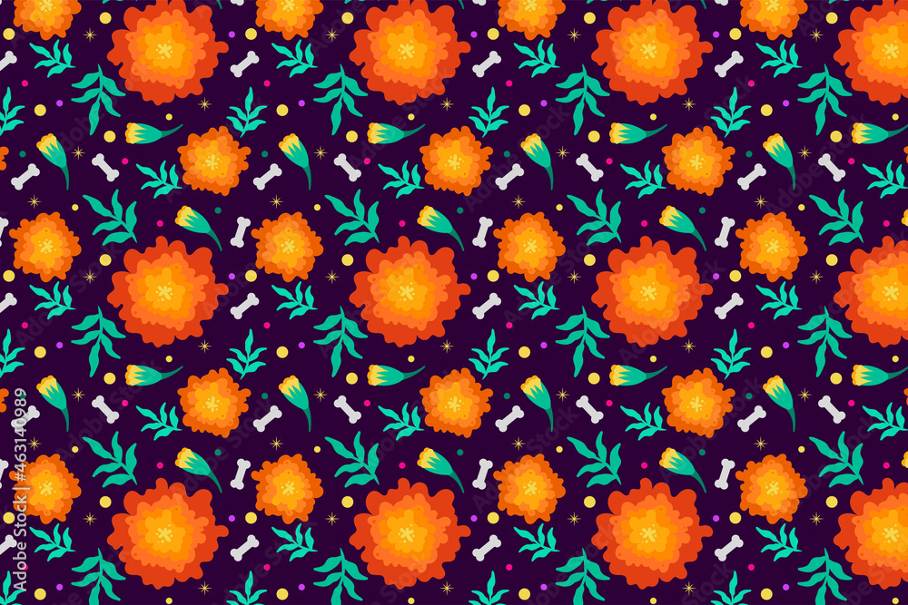 Fondo con patrón de día de muertos con flores de cempasúchil y huesos.